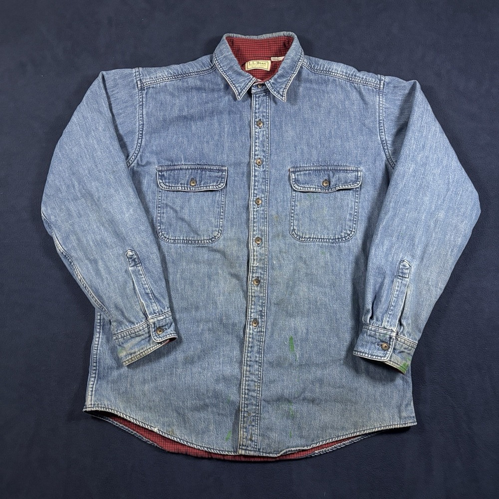 Vtg 90s LL Bean Flannel Lined Denim Shirt Jacket L Tall USA Made Distressed Work